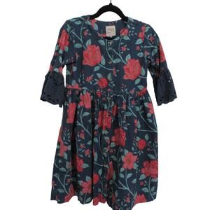 Utsa Kids Size 5-6 Years Blue Pink Floral Dress 3/4 Ruffle Sleeve
